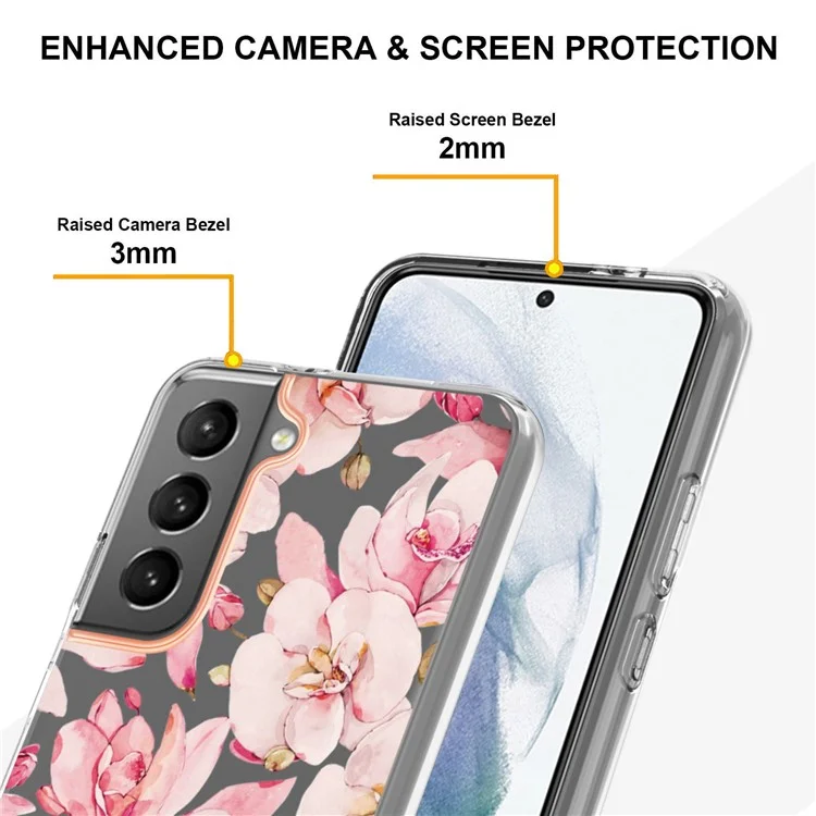 Чехол для телефона LB5 Series Electroplating IMD IML TPU с прозрачной основой и цветочными узорами для Samsung Galaxy S22 5G - HC005 Pink Gardenia