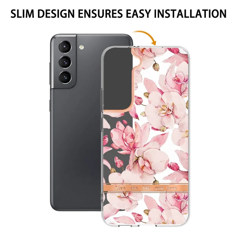 Чехол для телефона LB5 Series Electroplating IMD IML TPU с прозрачной основой и цветочными узорами для Samsung Galaxy S22 5G - HC005 Pink Gardenia
