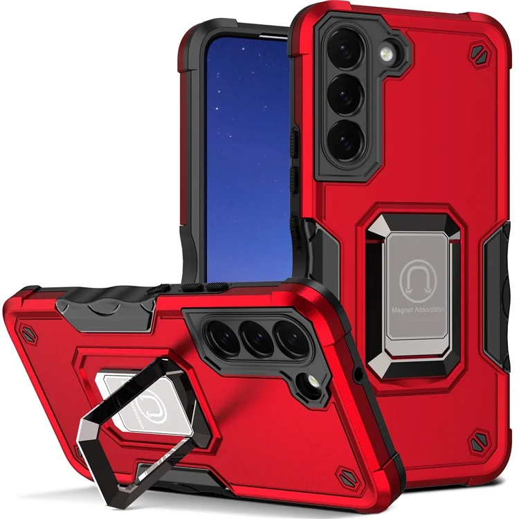 Dual-Layer Soft Flexible TPU Hard PC Cover Anti-Slip Protective Phone Case with Ring Car Mount Kickstand for Samsung Galaxy S22 5G - Red