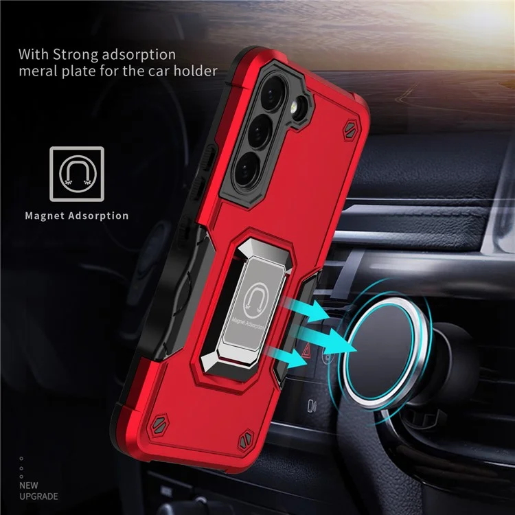 Dual-Layer Soft Flexible TPU Hard PC Cover Anti-Slip Protective Phone Case with Ring Car Mount Kickstand for Samsung Galaxy S22 5G - Red