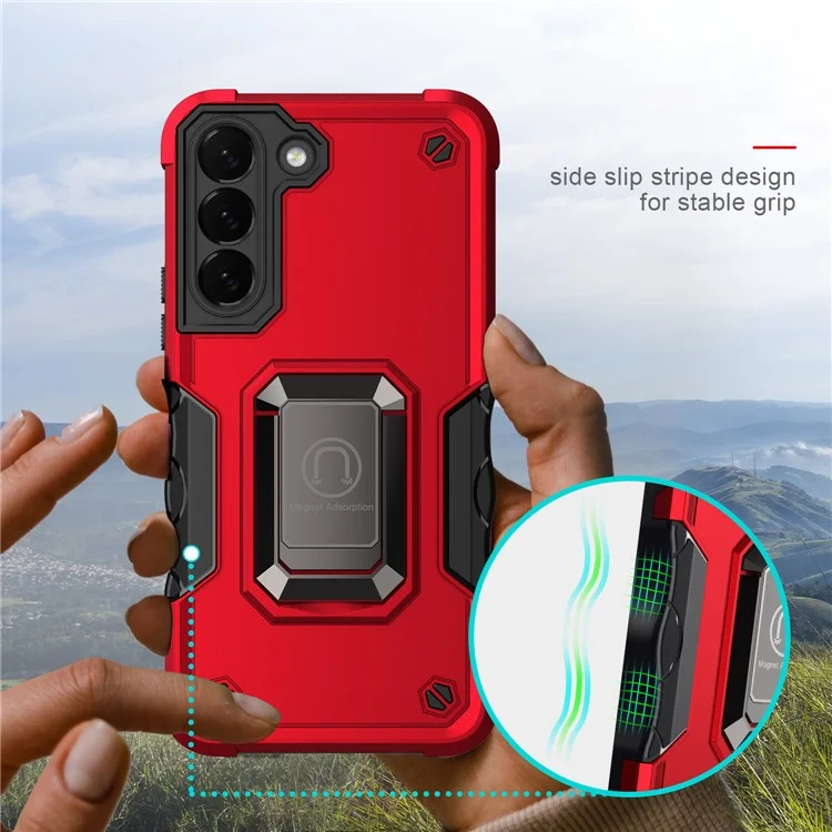 Dual-Layer Soft Flexible TPU Hard PC Cover Anti-Slip Protective Phone Case with Ring Car Mount Kickstand for Samsung Galaxy S22 5G - Red
