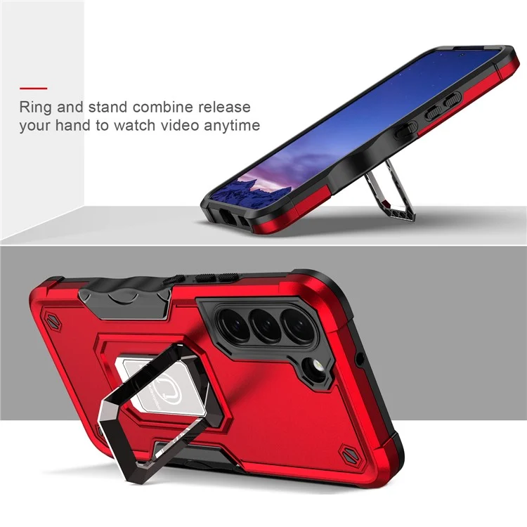 Dual-Layer Soft Flexible TPU Hard PC Cover Anti-Slip Protective Phone Case with Ring Car Mount Kickstand for Samsung Galaxy S22 5G - Red