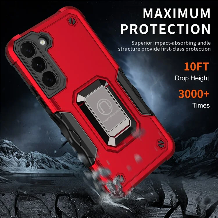 Dual-Layer Soft Flexible TPU Hard PC Cover Anti-Slip Protective Phone Case with Ring Car Mount Kickstand for Samsung Galaxy S22 5G - Red