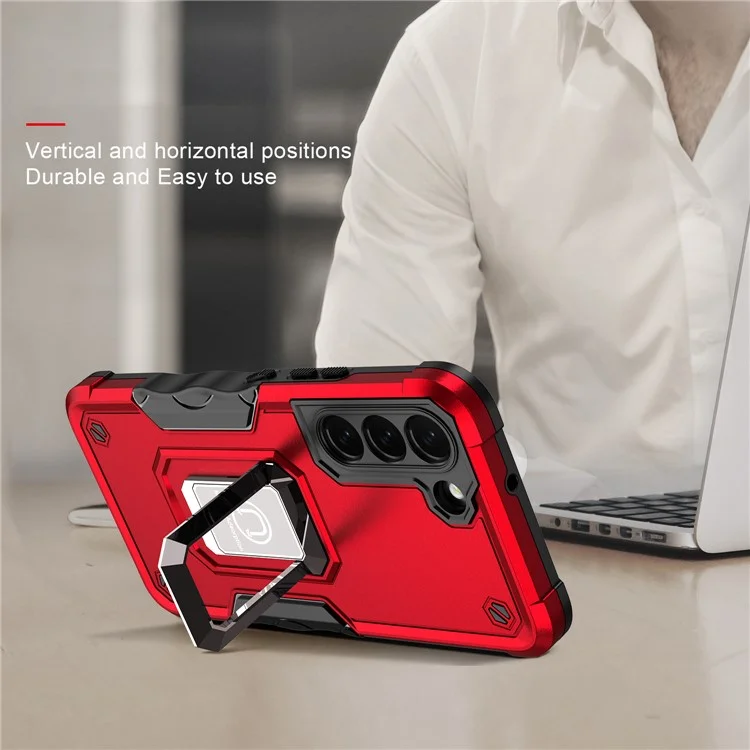 Dual-Layer Soft Flexible TPU Hard PC Cover Anti-Slip Protective Phone Case with Ring Car Mount Kickstand for Samsung Galaxy S22 5G - Red