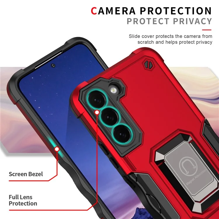 Dual-Layer Soft Flexible TPU Hard PC Cover Anti-Slip Protective Phone Case with Ring Car Mount Kickstand for Samsung Galaxy S22 5G - Red