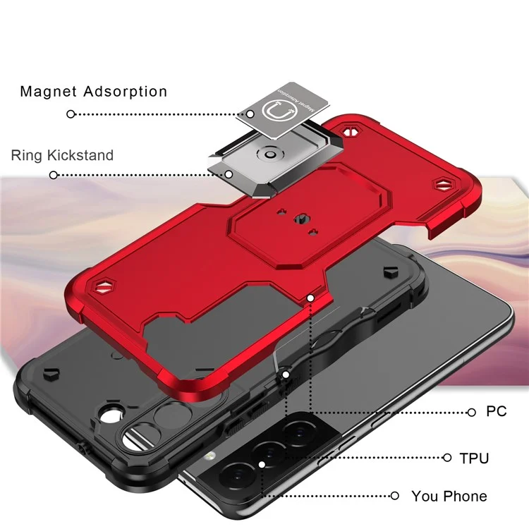 Dual-Layer Soft Flexible TPU Hard PC Cover Anti-Slip Protective Phone Case with Ring Car Mount Kickstand for Samsung Galaxy S22 5G - Red