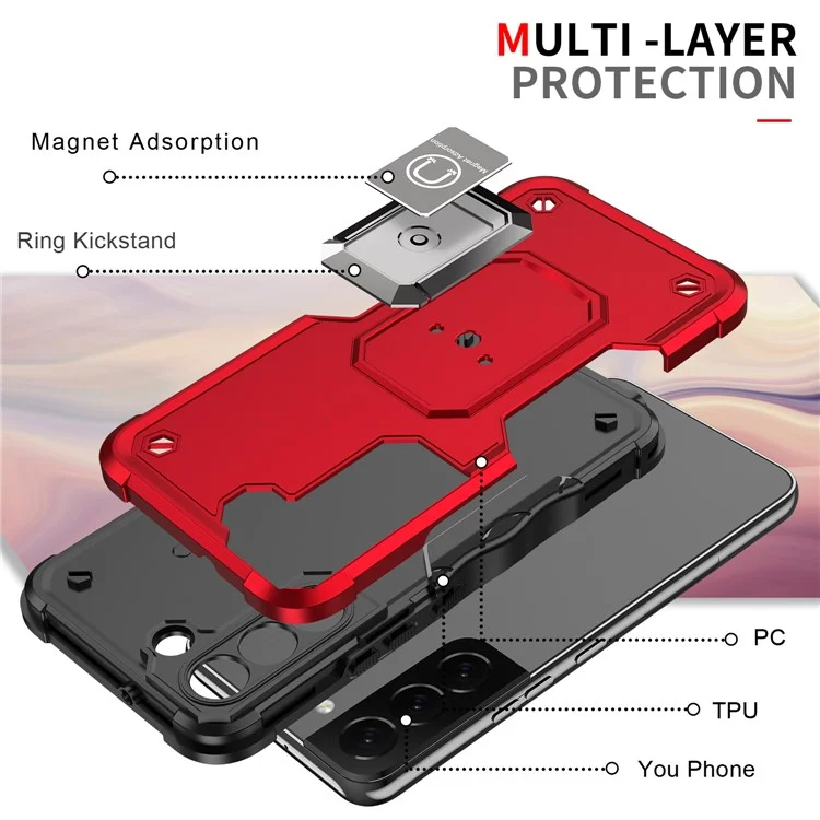 Kickstand Combo Hard PC+Soft TPU Shock-Absorption Protective Cell Phone Cover for Samsung Galaxy S22+ 5G - Rosso