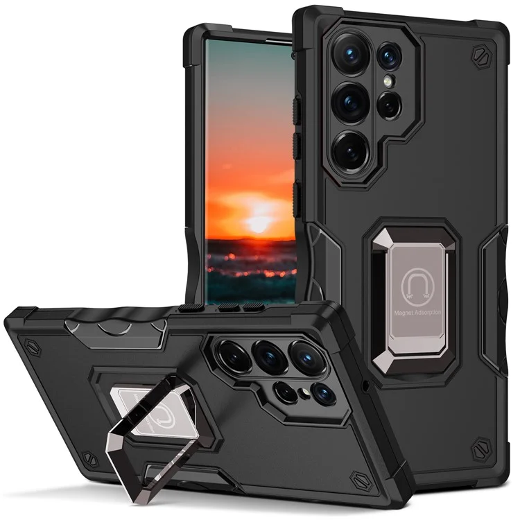 Ring Holder Kickstand PC + TPU Impact-Resistant Protective Back Cover für Samsung Galaxy S22 Ultra 5G - Schwarz