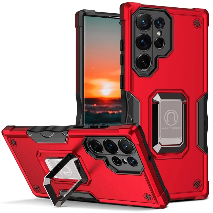Anello Holder Kickstand PC + Custodia protettiva PC+TPU resistente agli urti per Samsung Galaxy S22 Ultra 5G - Rosso