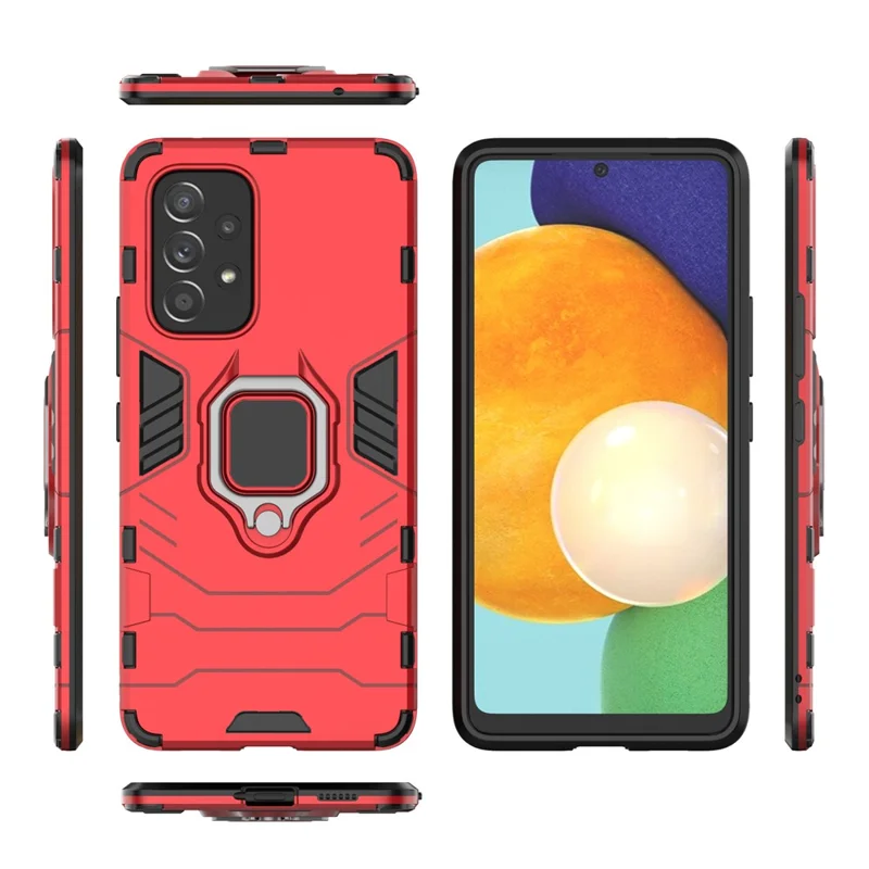 Ring Kickstand Hard PC + Soft TPU Heavy Duty Shockproof Defender Phone Case for Samsung Galaxy A53 5G - Red