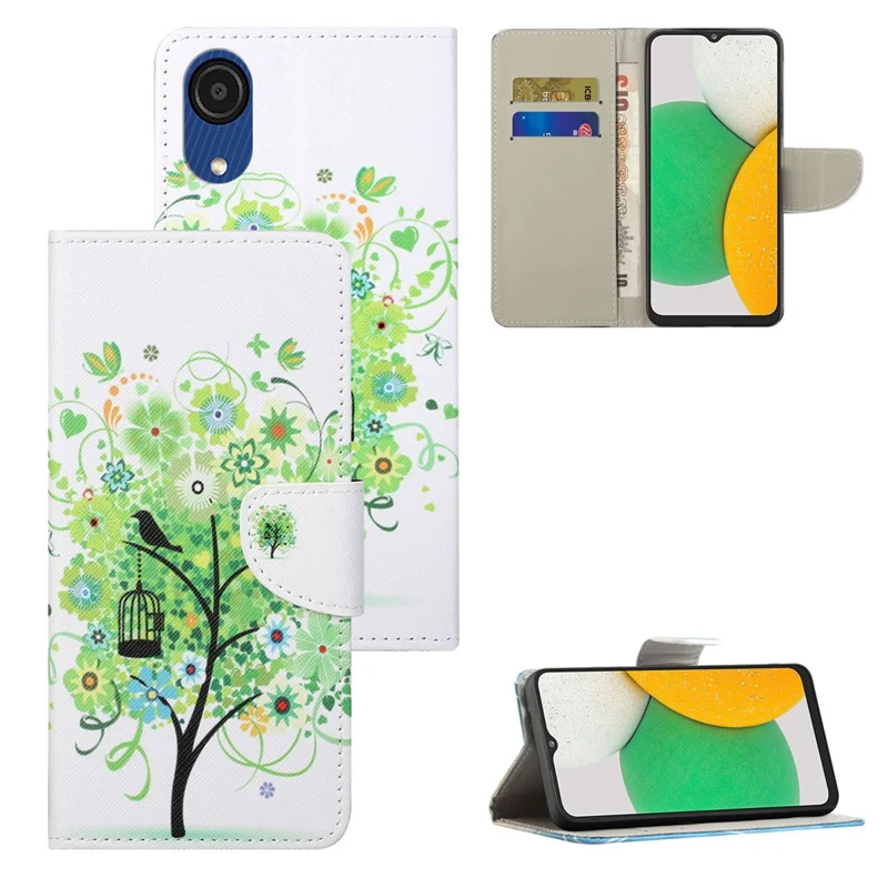 Cross Texture PU Leather Flip Protective Cover Stand Pattern Printing Wallet Phone Case for Samsung Galaxy A03 Core - Green Tree