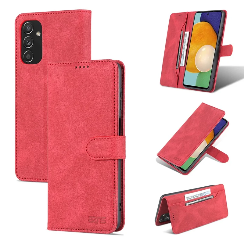AZNS PU Leather Wallet Stand Full Protection Anti-fall Phone Case Cover for Samsung Galaxy M52 5G - Red