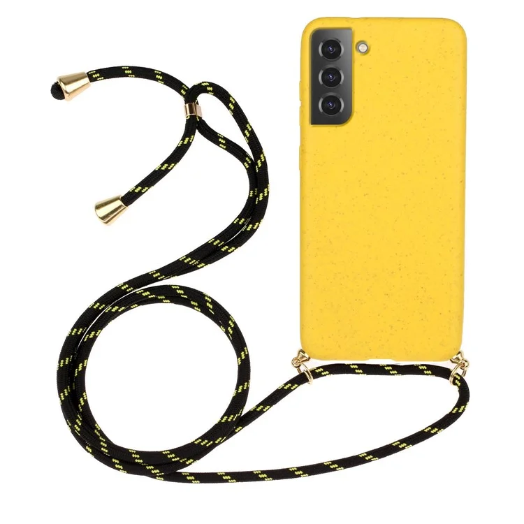 Drop Proof TPU + Biodegradable Wheat Straw Eco-Friendly Slim Protective Case Cover with Strap for Samsung Galaxy S22 5G - Yellow