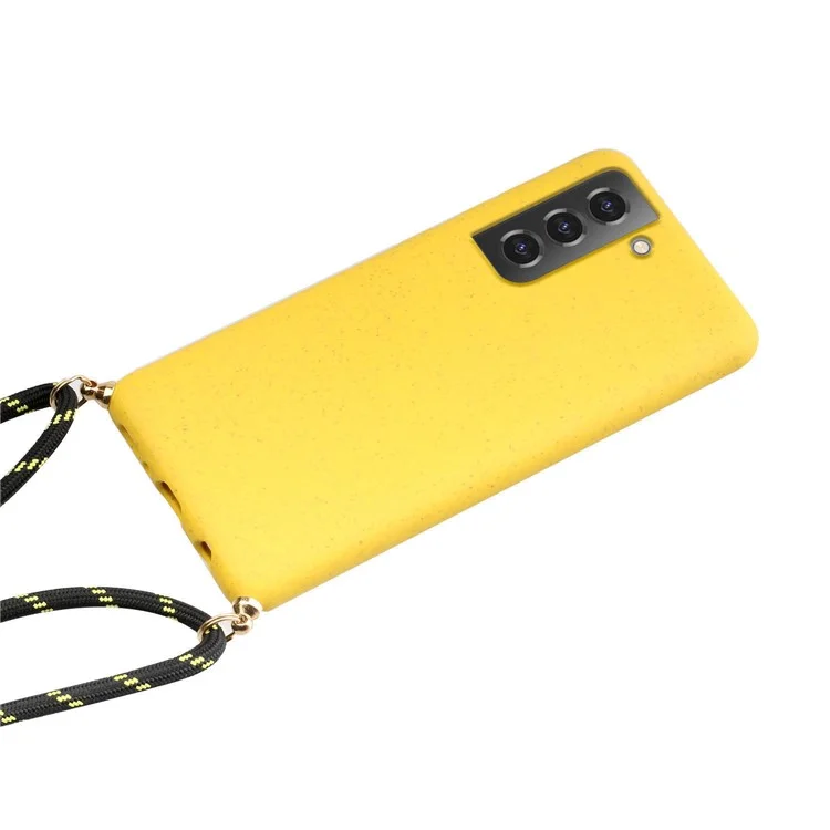 Drop Proof TPU + Biodegradable Wheat Straw Eco-Friendly Slim Protective Case Cover with Strap for Samsung Galaxy S22 5G - Yellow
