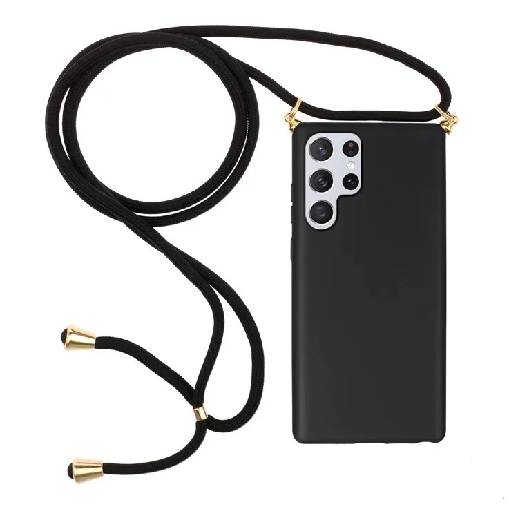 Eco-Friendly Wheat Straw + Flexible TPU Shockproof Drop Protection Case with Adjustable Lanyard for Samsung Galaxy S22 Ultra 5G - Black