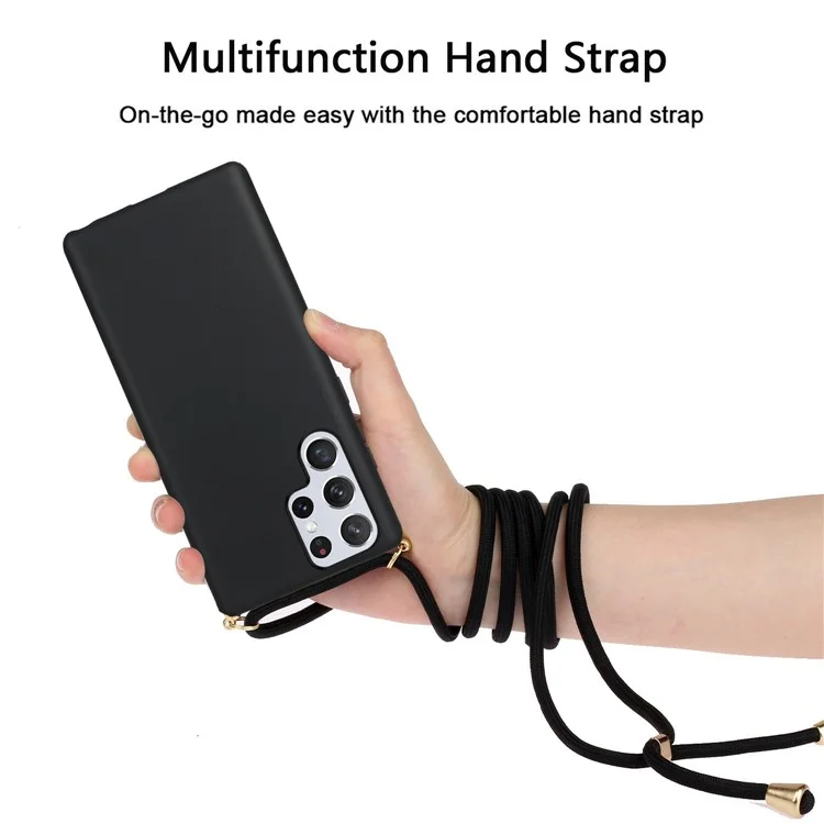 Eco-Friendly Wheat Straw + Flexible TPU Shockproof Drop Protection Case with Adjustable Lanyard for Samsung Galaxy S22 Ultra 5G - Black