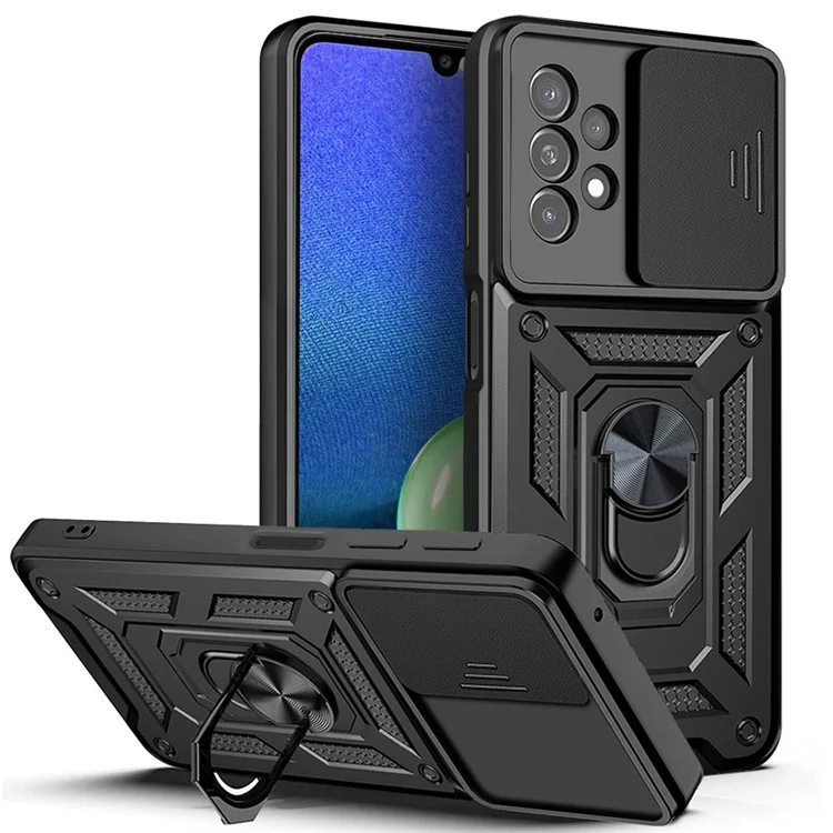 Rotating Metal Ring Kickstand Design Slide Camera Cover Anti-fingerprint PC + TPU Hybrid Phone Cover for Samsung Galaxy A13 4G - Black