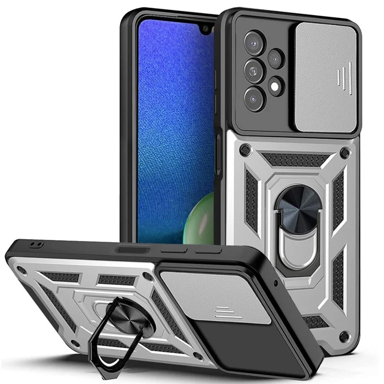 Cubierta de teléfono híbrida de PC + TPU con diseño de soporte de anillo giratorio de metal, antihuellas para Samsung Galaxy A13 4G - Plata