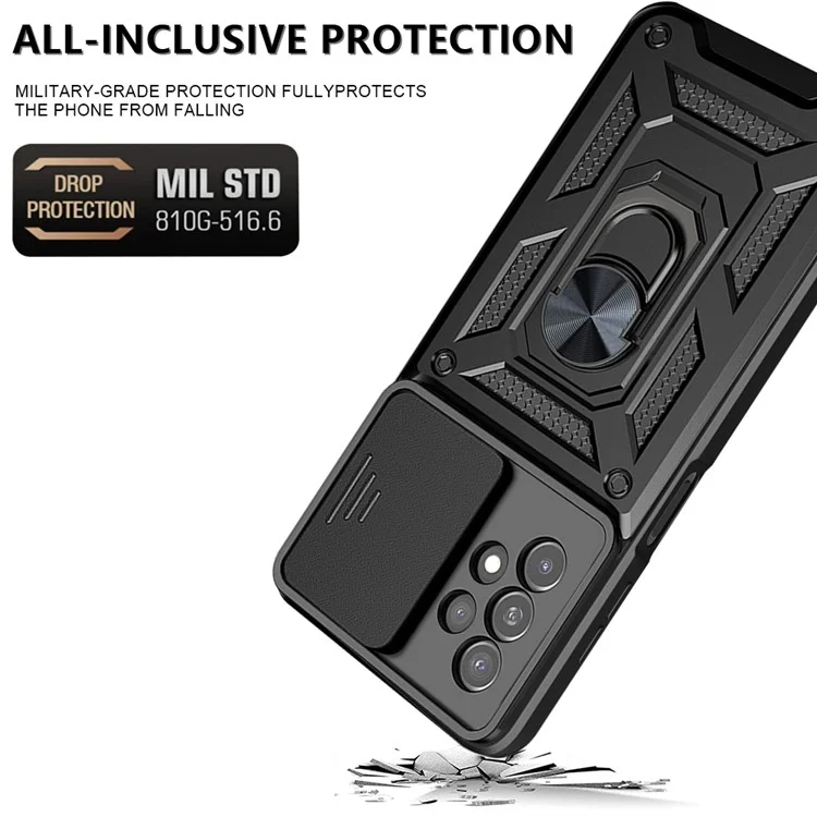 Coperchio Della Fotocamera Della Diapositiva Del Diagramma Di Design Rotante Anello In Metallo Anti-Fingerprint PC + TPU Cover Per Telefono Ibrido Per Samsung Galaxy A13 4G - D'argento