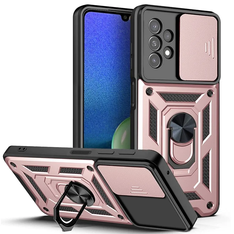 Conception de support métallique rotatif Couvercle de caméra coulissante Étui de téléphone hybride anti-traces de doigts en PC + TPU pour Samsung Galaxy A13 4G - Or rose