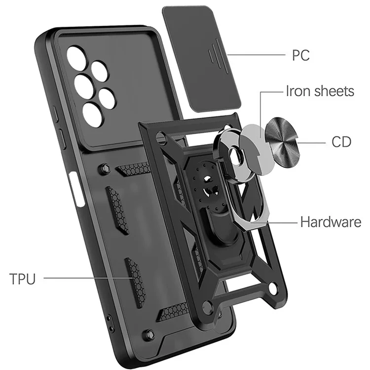 Conception de support métallique rotatif Couvercle de caméra coulissante Étui de téléphone hybride anti-traces de doigts en PC + TPU pour Samsung Galaxy A13 4G - Or rose