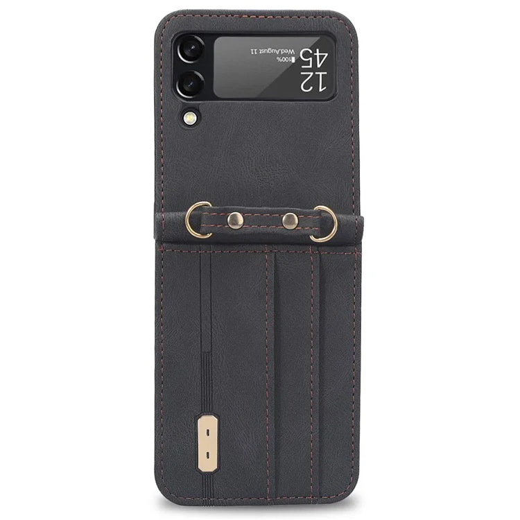 One-piece Design Card Slots PU Leather Coated PC Phone Case Crossbody Protective Cover with Long Lanyard for Samsung Galaxy Z Flip3 5G - Black