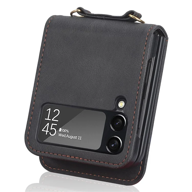 One-piece Design Card Slots PU Leather Coated PC Phone Case Crossbody Protective Cover with Long Lanyard for Samsung Galaxy Z Flip3 5G - Black