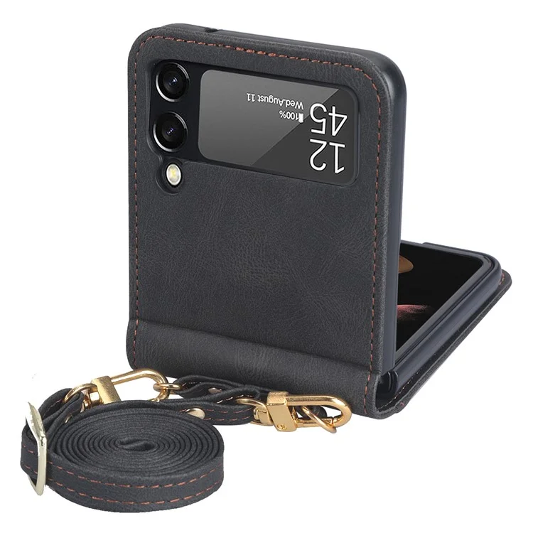 One-piece Design Card Slots PU Leather Coated PC Phone Case Crossbody Protective Cover with Long Lanyard for Samsung Galaxy Z Flip3 5G - Black