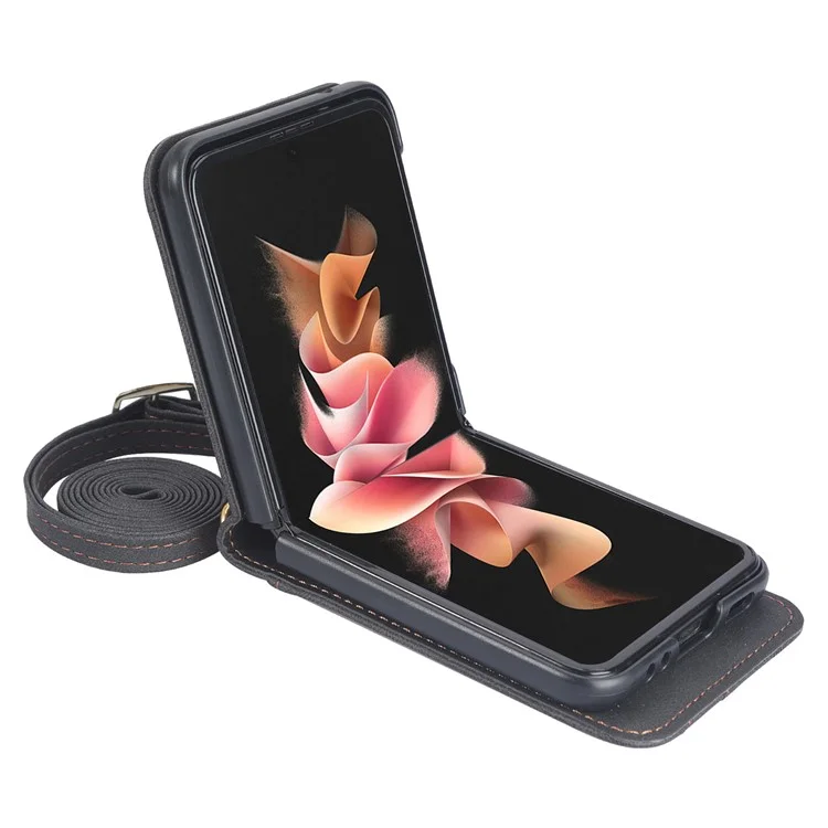 One-piece Design Card Slots PU Leather Coated PC Phone Case Crossbody Protective Cover with Long Lanyard for Samsung Galaxy Z Flip3 5G - Black