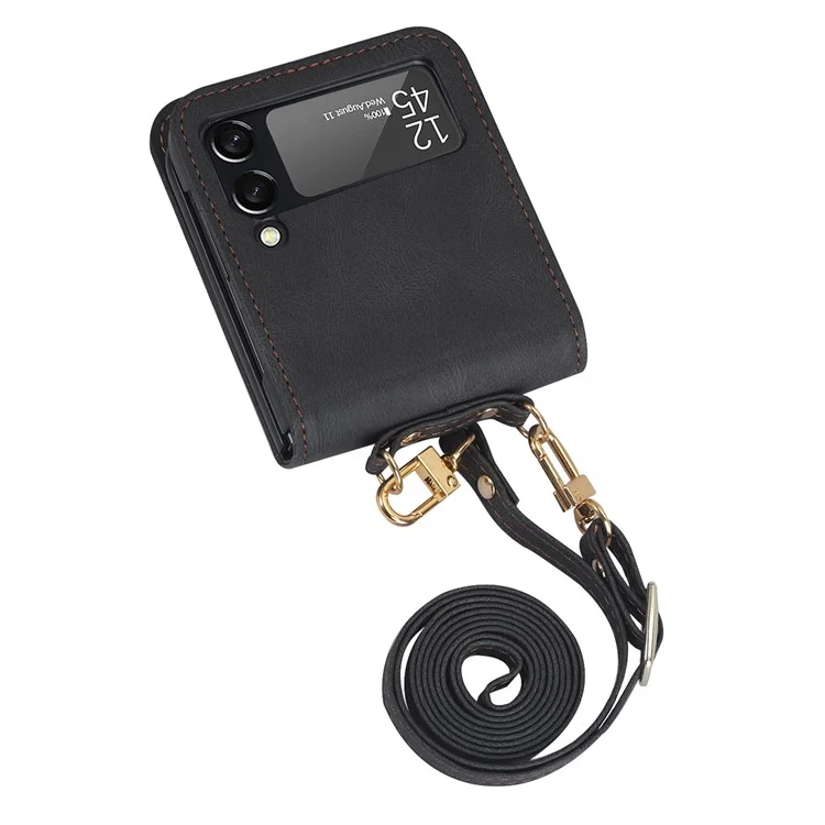 One-piece Design Card Slots PU Leather Coated PC Phone Case Crossbody Protective Cover with Long Lanyard for Samsung Galaxy Z Flip3 5G - Black