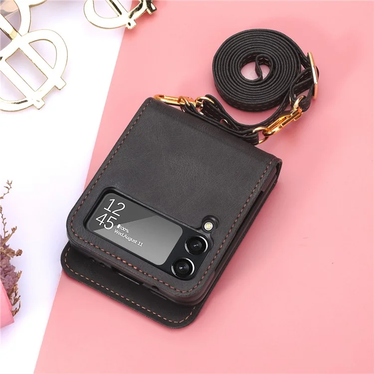 One-piece Design Card Slots PU Leather Coated PC Phone Case Crossbody Protective Cover with Long Lanyard for Samsung Galaxy Z Flip3 5G - Black