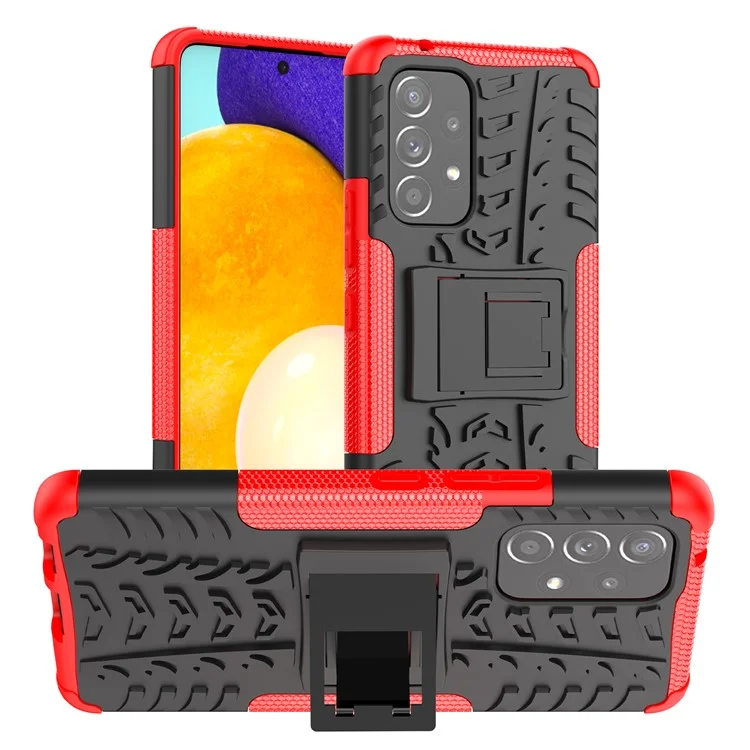 Heavy Duty Tire Texture Hybrid Hard PC Soft TPU Anti-Fall Cover with Kickstand for Samsung Galaxy A53 5G - Red