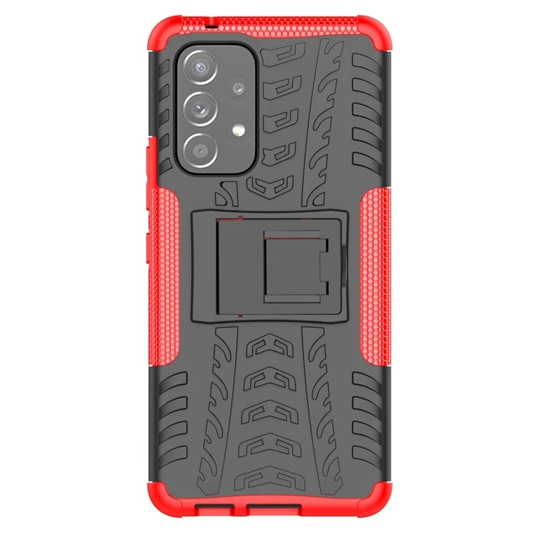 Heavy Duty Tire Texture Hybrid Hard PC Soft TPU Anti-Fall Cover with Kickstand for Samsung Galaxy A53 5G - Red
