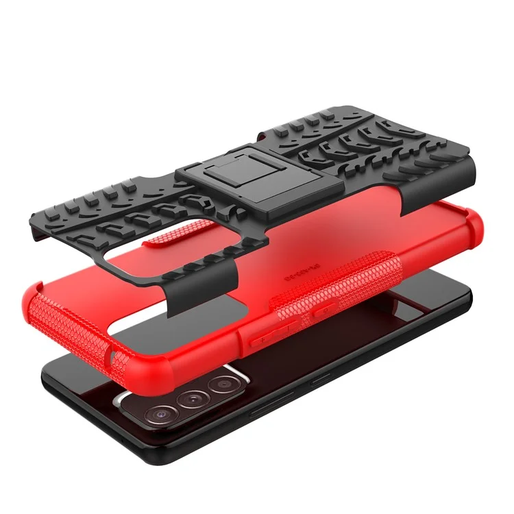 Heavy Duty Tire Texture Hybrid Hard PC Soft TPU Anti-Fall Cover with Kickstand for Samsung Galaxy A53 5G - Red
