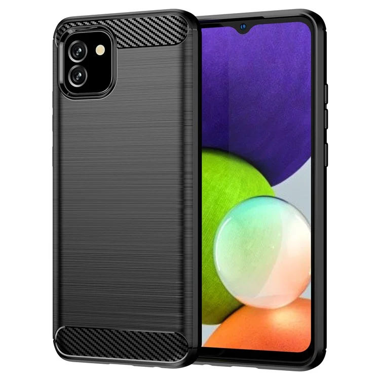 Custodia in TPU con superficie spazzolata da 1,8 mm, texture in fibra di carbonio, protezione contro gli urti per Samsung Galaxy A03 (164,2 x 75,9 x 9,1 mm) - Nero