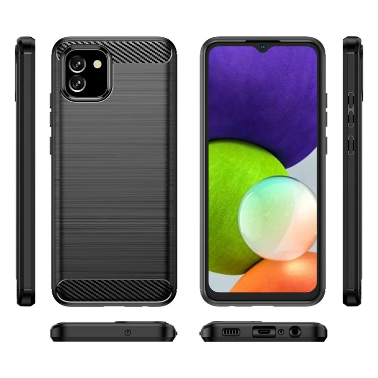 Custodia in TPU con superficie spazzolata da 1,8 mm, texture in fibra di carbonio, protezione contro gli urti per Samsung Galaxy A03 (164,2 x 75,9 x 9,1 mm) - Nero