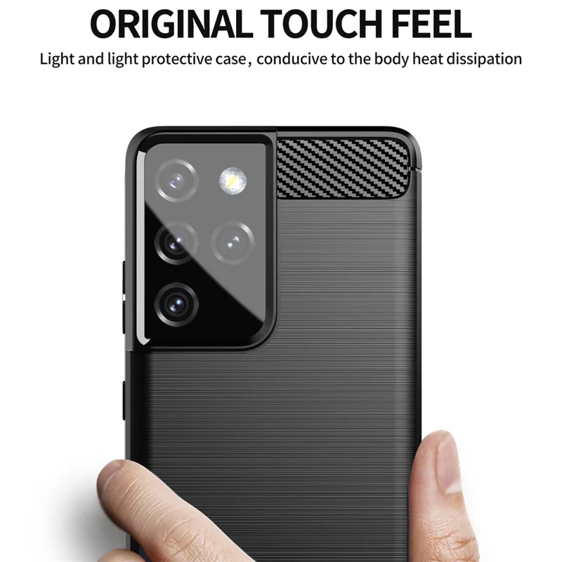 1.8mm Brushed Surface TPU Case Original Touch Surface Carbon Fiber Texture Phone Cover for Samsung Galaxy S21 Ultra 5G - Black