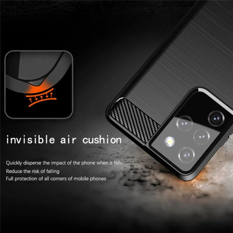 1.8mm Brushed Surface TPU Case Original Touch Surface Carbon Fiber Texture Phone Cover for Samsung Galaxy S21 Ultra 5G - Black