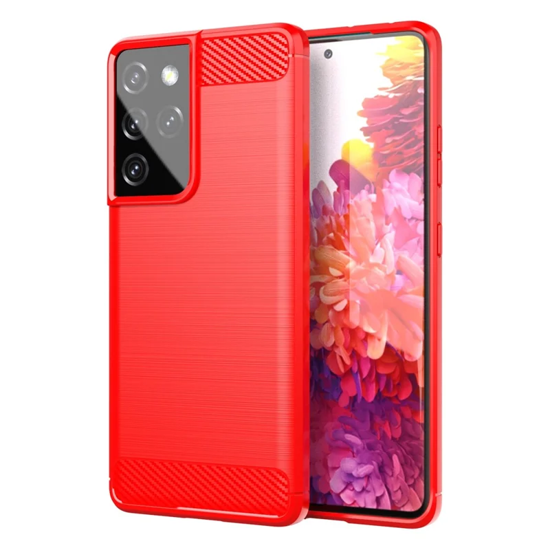 1.8mm Brushed Surface TPU Case Original Touch Surface Carbon Fiber Texture Phone Cover for Samsung Galaxy S21 Ultra 5G - Red
