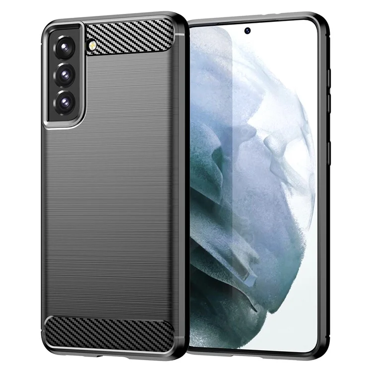 1.8mm Heat Dissipation TPU Case Anti-Scratch Anti-Fall Carbon Fiber Texture Phone Cover with Brushed Surface for Samsung Galaxy S21 4G/5G - Black