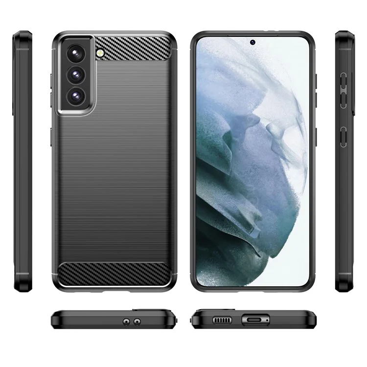 1.8mm Heat Dissipation TPU Case Anti-Scratch Anti-Fall Carbon Fiber Texture Phone Cover with Brushed Surface for Samsung Galaxy S21 4G/5G - Black
