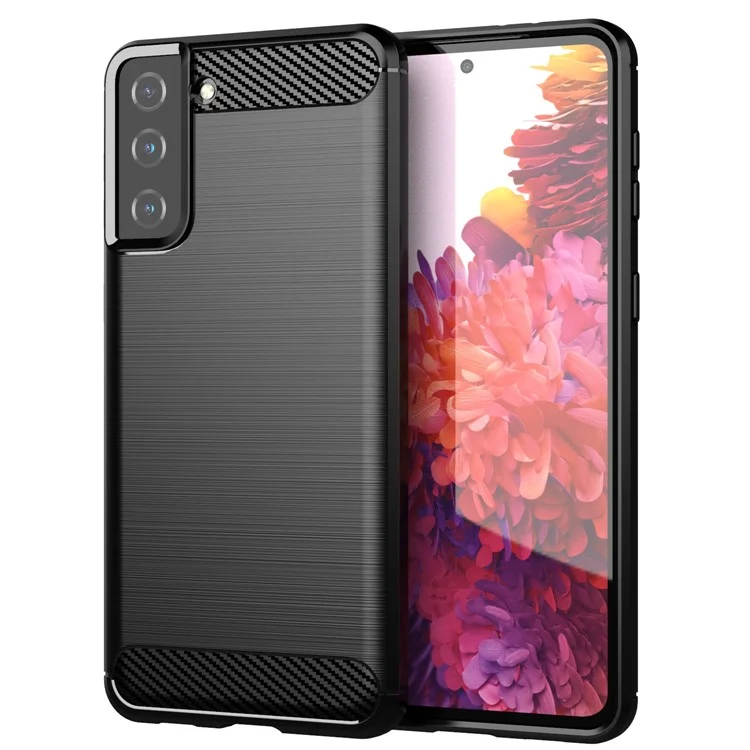 1,8 mm Ultra dünnes, weiches TPU-Gehäuse mit Wärmeableitung, Carbonfaserstruktur und gebürsteter Oberfläche für Samsung Galaxy S21+ 5G - Schwarz