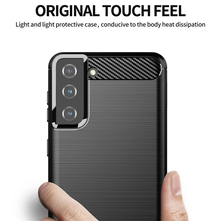 1,8 mm Ultra dünnes, weiches TPU-Gehäuse mit Wärmeableitung, Carbonfaserstruktur und gebürsteter Oberfläche für Samsung Galaxy S21+ 5G - Schwarz