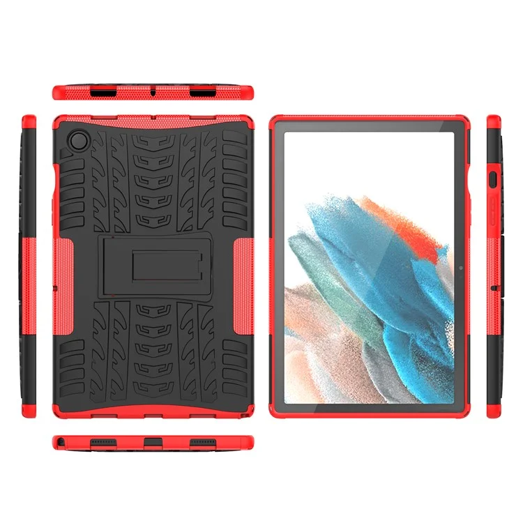 Для Samsung Galaxy Tab A8 10.5 (2021) / A8 10.5 (2022) Шинная текстура Ударопрочный гибридный жесткий ПК Мягкий ТПУ ударостойкий чехол с откидной подставкой - Красный