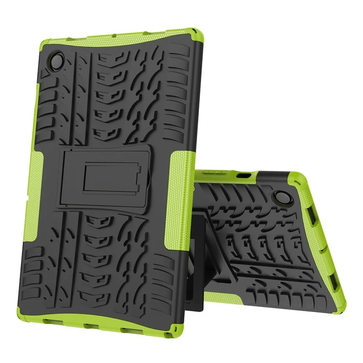 Para Samsung Galaxy Tab A8 10.5 (2021) / A8 10.5 (2022) Textura de Pneu Resistência Pesada Híbrida Rígida PC Macia Capa TPU Resistente a Impactos com Suporte Dobrável - Verde