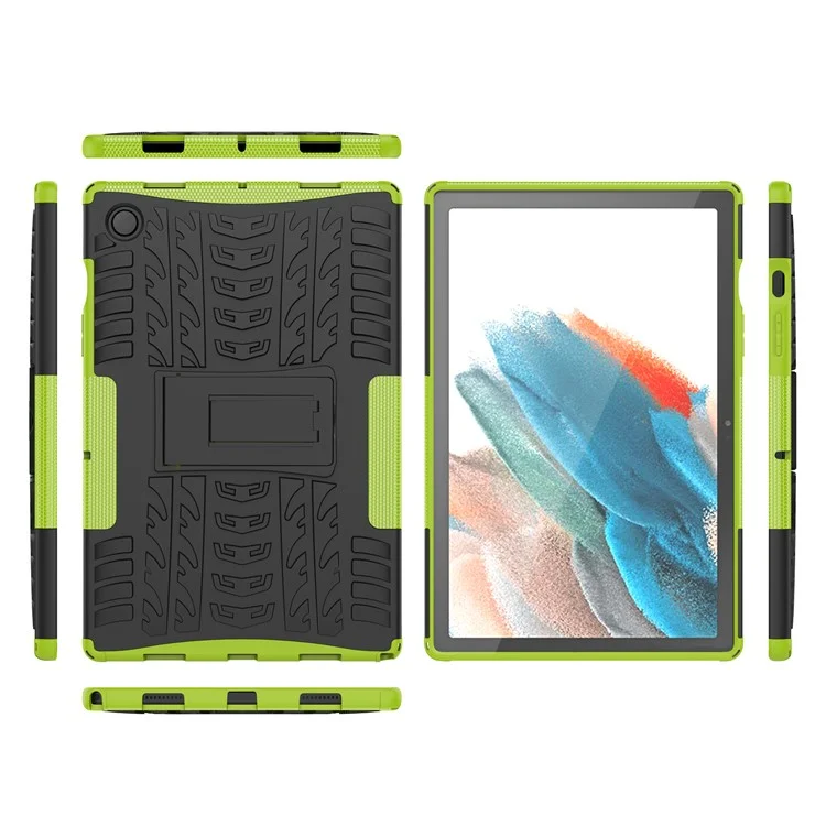 Para Samsung Galaxy Tab A8 10.5 (2021) / A8 10.5 (2022) Textura de Pneu Resistência Pesada Híbrida Rígida PC Macia Capa TPU Resistente a Impactos com Suporte Dobrável - Verde