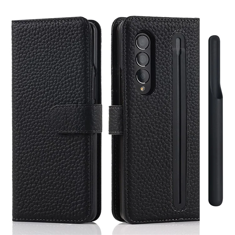 Stand Wallet Design Litchi Texture Genuine Leather + PC Phone Case Cover with Detachable Pen Slot for Samsung Galaxy Z Fold3 5G - Black