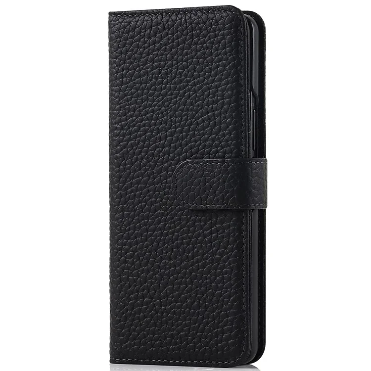 Stand Wallet Design Litchi Texture Genuine Leather + PC Phone Case Cover with Detachable Pen Slot for Samsung Galaxy Z Fold3 5G - Black