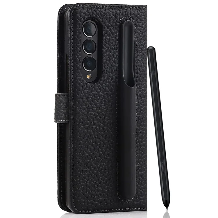 Stand Wallet Design Litchi Texture Genuine Leather + PC Phone Case Cover with Detachable Pen Slot for Samsung Galaxy Z Fold3 5G - Black