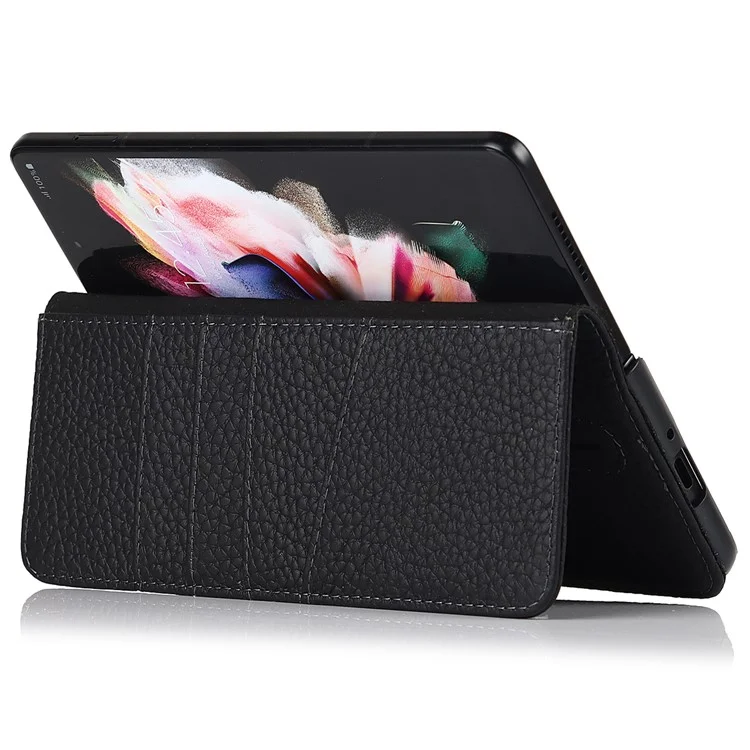 Stand Wallet Design Litchi Texture Genuine Leather + PC Phone Case Cover with Detachable Pen Slot for Samsung Galaxy Z Fold3 5G - Black